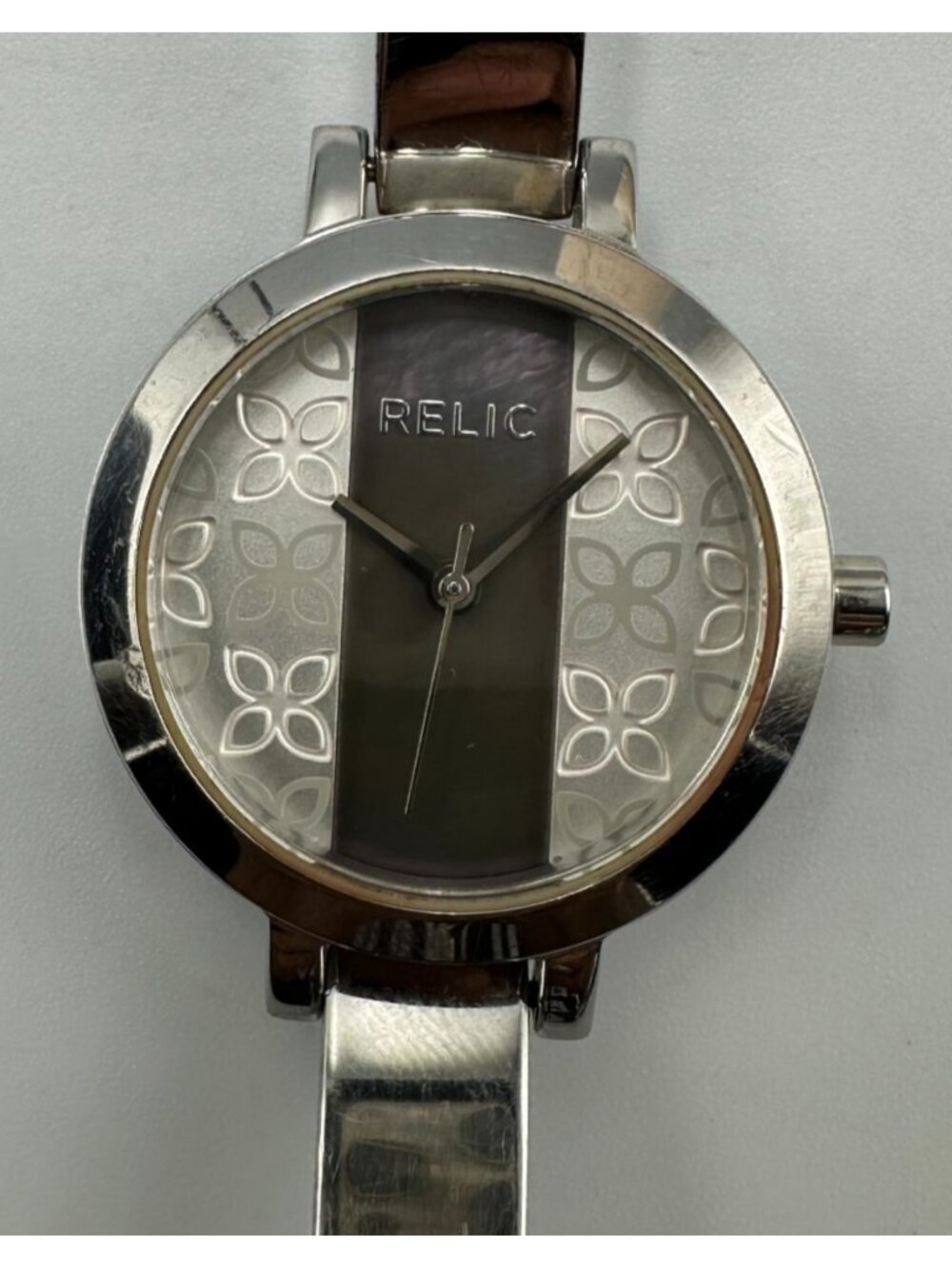 3/$30 Relic Watch Women Silver Tone Purple Stripe Floral Dial 28MM 6"
